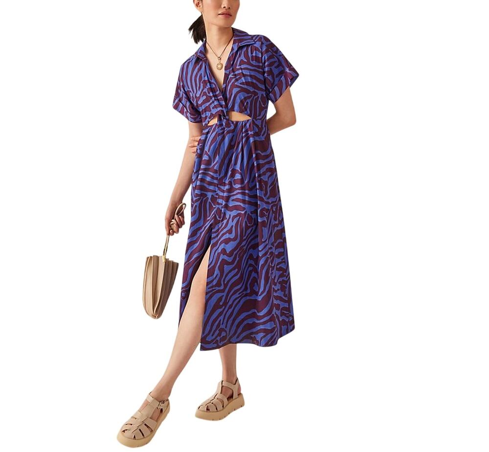 Anthropologie Printed Blue Motif Twist Waist Midi Dress Size XS